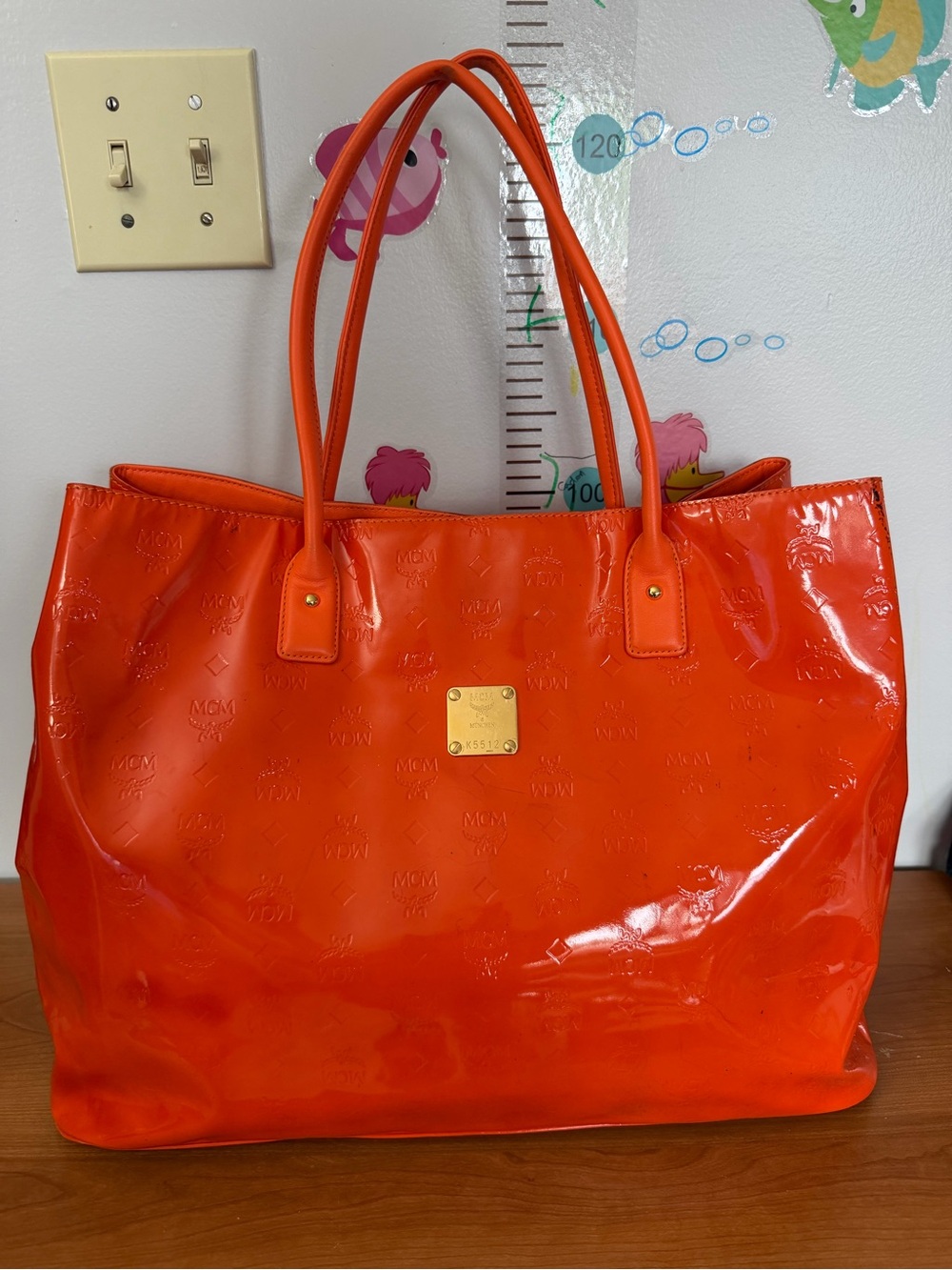 MCM Orange Patent Leather Tote with Gold Plaque